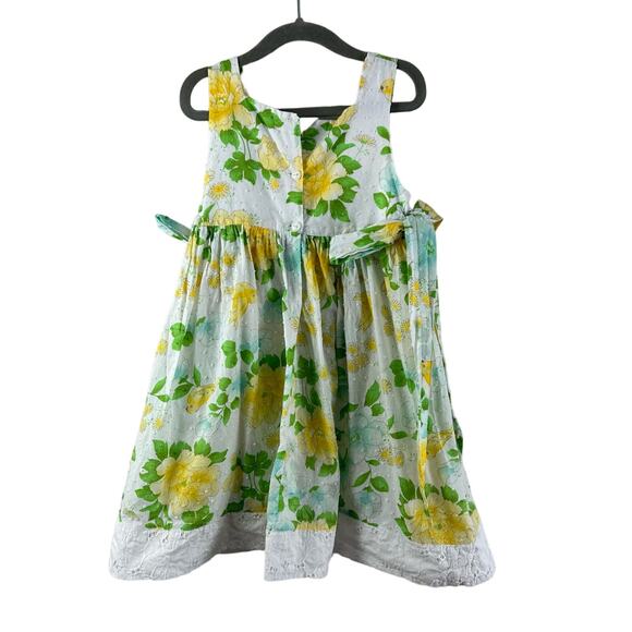 La Folie Dress Sundress Pinafore Eyelet Pockets Side Ties Yellow Floral Girls 6 - Picture 3 of 10